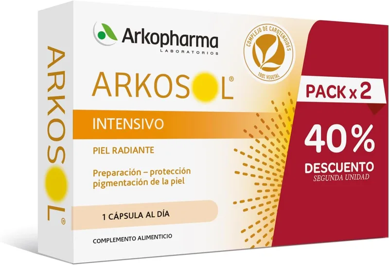 Arkopharma ▫️ Arkosol Intensivo 60 Cápsulas, Bronzeamento a partir do interior, Para todos os tipos de pele, Prepara e protege a pele para a exposição solar, Suplemento alimentar