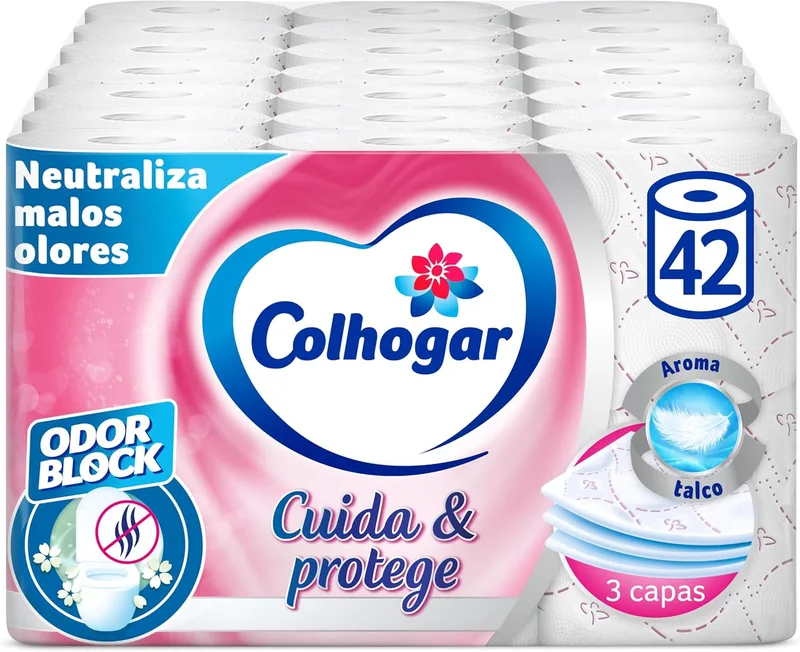 Colhogar ▫️ Protect Cuida&Protege Odor Block 7x6 - Papel higiénico suave e resistente - Embalagem com 42 rolos - 3 camadas - rolos brancos com aroma a talco