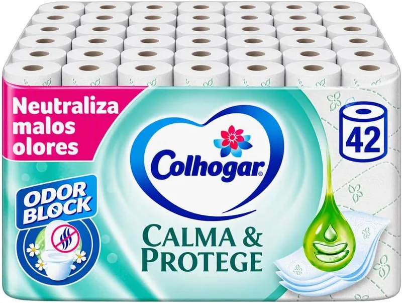 Colhogar ▫️ Protect Calma&Protege Odor Block 7x6 - Papel higiénico suave e resistente - Embalagem com 42 rolos - 3 camadas - rolos brancos com aroma a talco