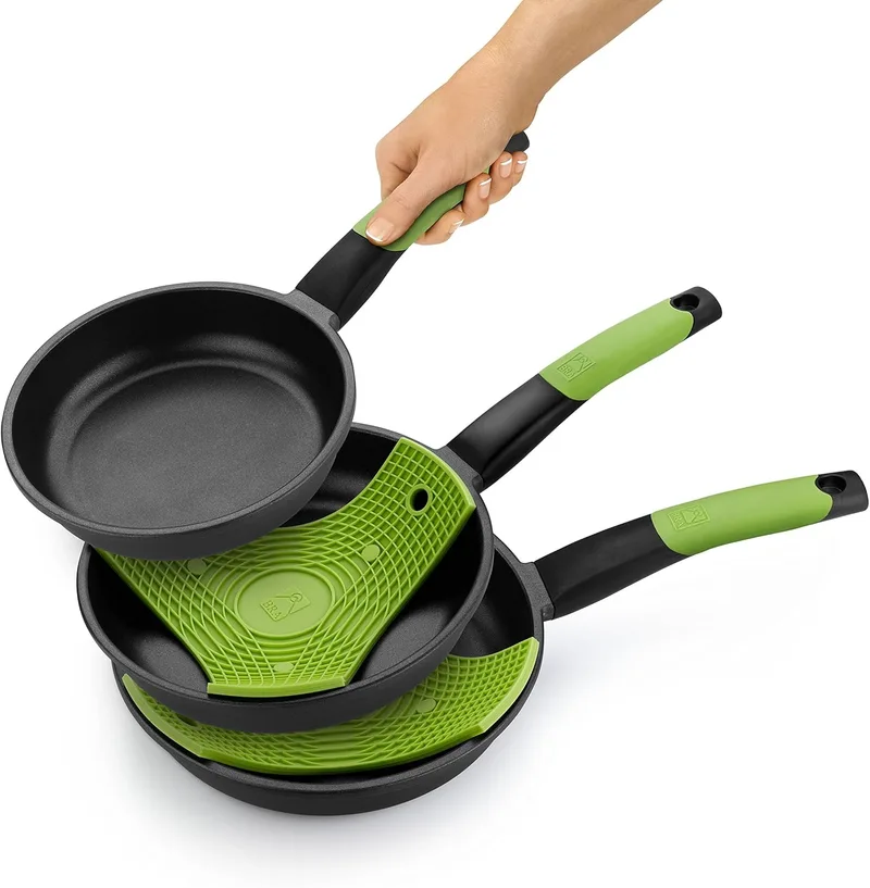 BRA ▫️ Conjunto de 3 frigideiras Prior, 20-24-28 cm, alumínio fundido antiaderente, com 2 individuais verdes seguros, adequado para todos os tipos de fogão, incluindo indução
