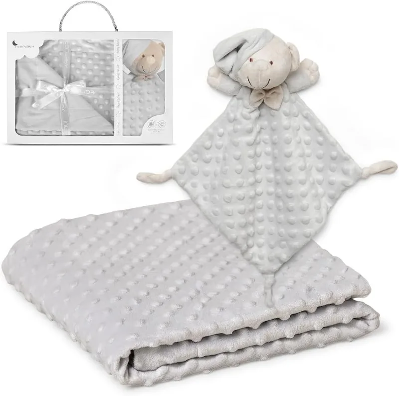 Interbaby ▫️ Cobertor para bebé recém-nascido + Doudou para bebé : Cobertor de algodão e poliéster para bebé, aveludado, aconchegante, quente, 80x110cm : Ursinho de peluche para bebé, adorável, 28x17cm : Ursinho de peluche cinzento + bolha