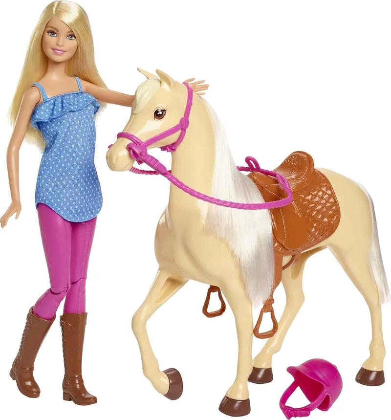 Barbie ▫️ boneca loira, com conjunto de equitação, capacete e cavalo castanho-claro com crina e cauda brancas e macias, presente para meninas dos 3 aos 7 anos, FXH13
