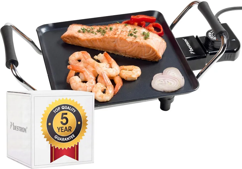 Bestron ▫️ Chapa elétrica para cozinhar, chapa de cozinha com revestimento antiaderente, grelhador elétrico para até 2 pessoas, 1000 watts, cor: preto