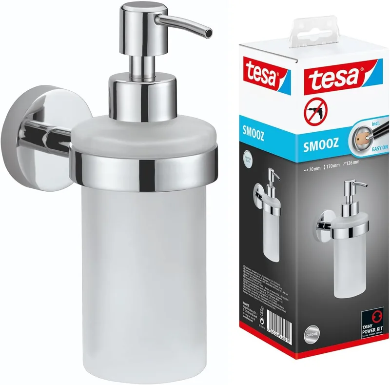 tesa ▫️ Dispensador de Sabonete para as Mãos Smooz, Frasco de Sabonete Líquido em Vidro Acetinado com Suporte em Aço Inoxidável Cromado, Inclui Solução de Montagem Adesiva, 200 ml