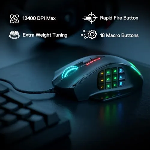 Redragon ▫️ Rato para jogos M908 Impact MMO com fio e RGB, 12 400 dpi 2