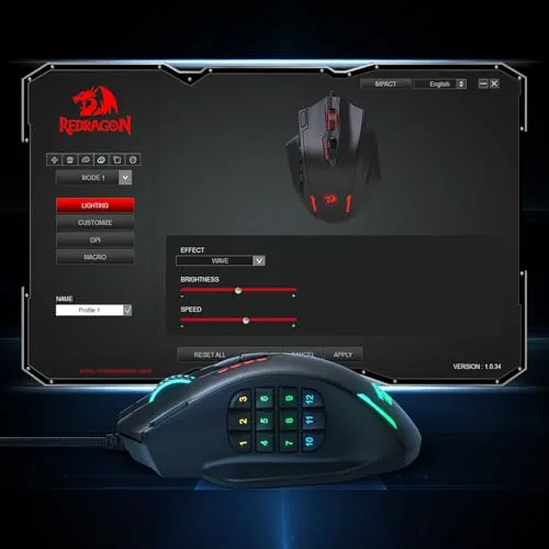 Redragon ▫️ Rato para jogos M908 Impact MMO com fio e RGB, 12 400 dpi 6