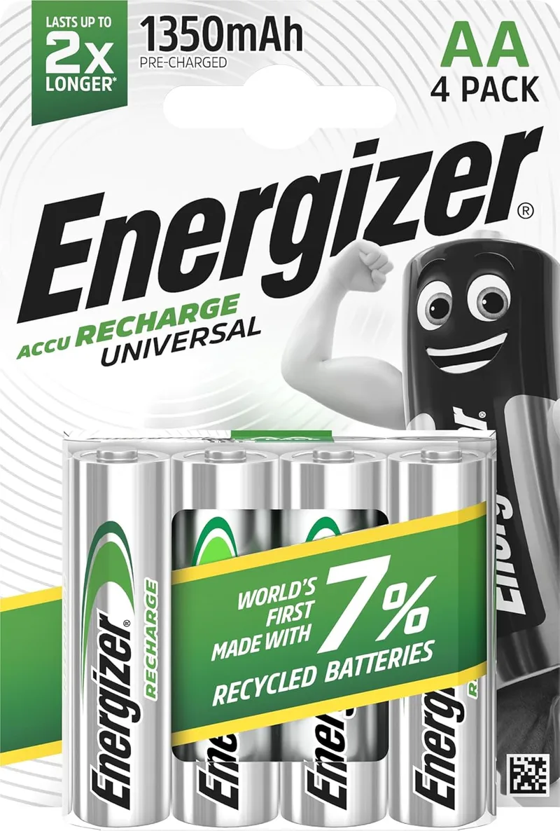 Energizer mobiles and accessories ▫️ Energizer Recharge Universal - Pilha recarregável AA (embalagem de 4) - 1350 mAh NiMH - pré-carregada - para dispositivos de utilização frequente e centenas de recargas - Embalagem 100 % reciclável e sem plástico