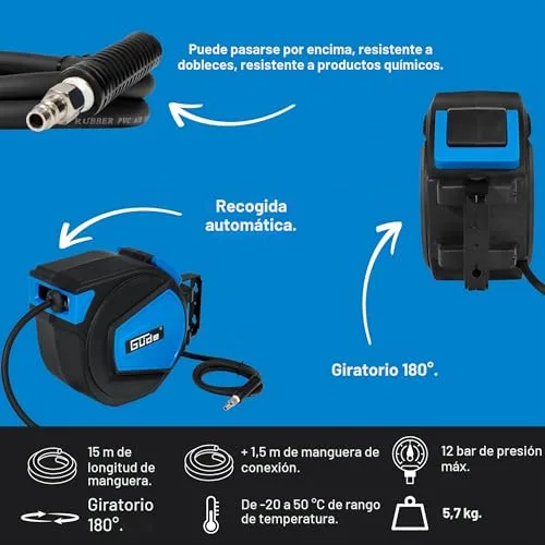 Güde ▫️ Enrolador automático de mangueira 2882, 15 m (pressão de trabalho máxima de 12 bar, diâmetro interior de 9,5 mm, espessura da parede de 3 mm) 3