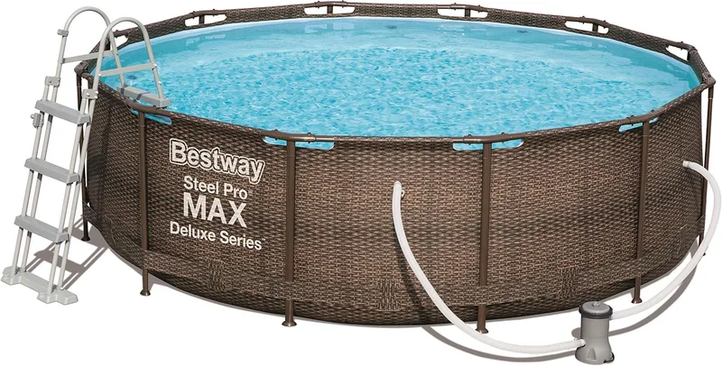 Bestway ▫️ Power Steel Deluxe 366 x 100 cm, Piscina redonda com estrutura de aço estável em conjunto completo, Rattan, cor castanha