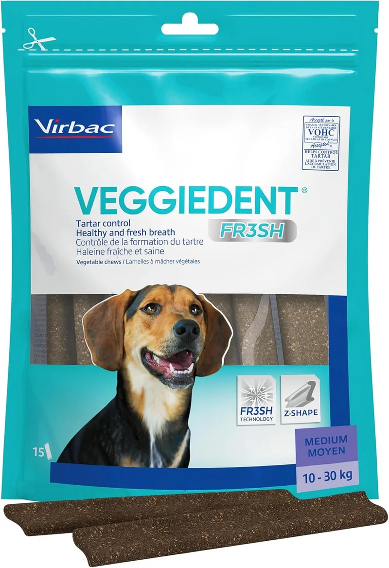 VEGGIEDENT ▫️ ® FR3SH™ Snack Dentário para Cães Médios 10-30 kg | Controlo da placa bacteriana e do tártaro | Hálito fresco e saudável com a tecnologia FR3SH™ | Cuidados dentários diários | 15 unidades