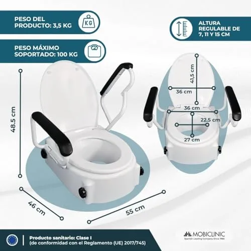 Mobiclinic ▫️ ®, Assento elevatório para sanita para adultos com apoios de braços, Abertura de 19 cm, Para idosos, Tampa e abas rebatíveis, Para sanita, Ajustável em 3 alturas, Inclinável, Branco 2