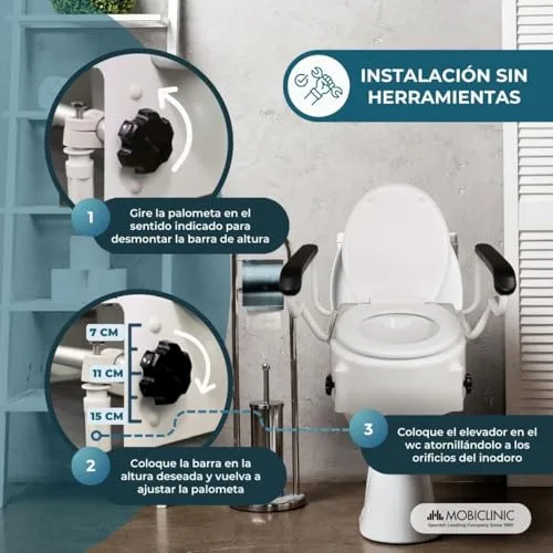 Mobiclinic ▫️ ®, Assento elevatório para sanita para adultos com apoios de braços, Abertura de 19 cm, Para idosos, Tampa e abas rebatíveis, Para sanita, Ajustável em 3 alturas, Inclinável, Branco 3