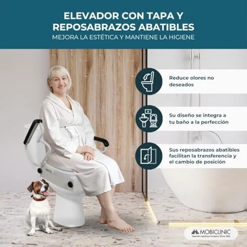 Mobiclinic ▫️ ®, Assento elevatório para sanita para adultos com apoios de braços, Abertura de 19 cm, Para idosos, Tampa e abas rebatíveis, Para sanita, Ajustável em 3 alturas, Inclinável, Branco 4