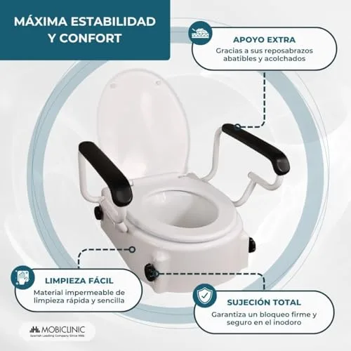 Mobiclinic ▫️ ®, Assento elevatório para sanita para adultos com apoios de braços, Abertura de 19 cm, Para idosos, Tampa e abas rebatíveis, Para sanita, Ajustável em 3 alturas, Inclinável, Branco 5
