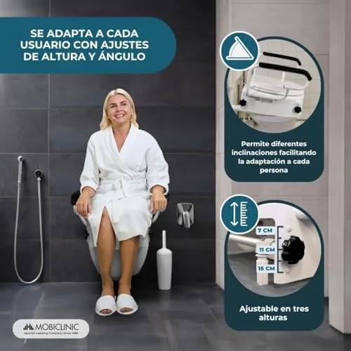 Mobiclinic ▫️ ®, Assento elevatório para sanita para adultos com apoios de braços, Abertura de 19 cm, Para idosos, Tampa e abas rebatíveis, Para sanita, Ajustável em 3 alturas, Inclinável, Branco 6