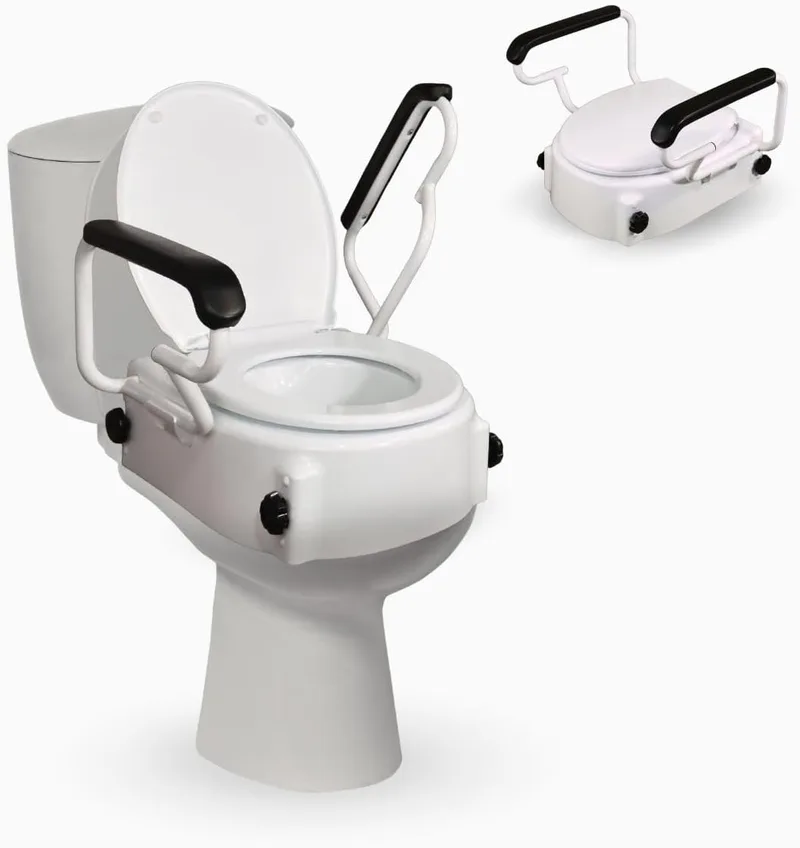 Mobiclinic ▫️ ®, Assento elevatório para sanita para adultos com apoios de braços, Abertura de 19 cm, Para idosos, Tampa e abas rebatíveis, Para sanita, Ajustável em 3 alturas, Inclinável, Branco