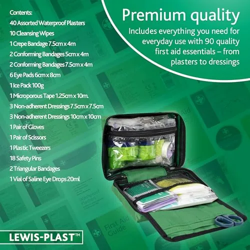 Reliance Medical ▫️ LEWIS-PLAST Kit completo de primeiros socorros com 90 peças para primeiros socorros ao ar livre – kit em conformidade com as normas europeias 7