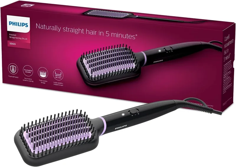 PHILIPS ▫️ Escova alisadora StyleCare, com tecnologia ThermoProtect, revestimento cerâmico, 2 posições de temperatura, cabelo liso natural em 5 minutos, BHH880/00, preto