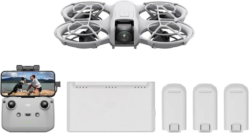DJI Pack Neo Fly More, mini drone com câmara 4K UHD para adultos, drone de 135 g que voa a seguir ao utilizador, descolagem com a mão, seguimento de alvos, QuickShots, vídeo estabilizado, com RC-N3 e 3 baterias.