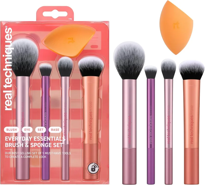 REAL TECHNIQUES ▫️ Kit de esponjas de maquilhagem Everyday Essentials, pincéis de maquilhagem e esponja para misturar maquilhagem, para base, blush e bronzeador, conjunto de 5 peças