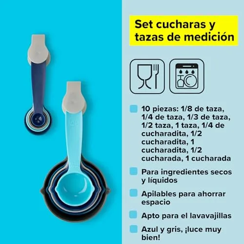 Tasty ▫️ Conjunto de colheres medidoras 10 peças de tamanhos diferentes, adequadas para a máquina de lavar louça, nas cores azul claro, azul escuro e cinzento, empilháveis para poupar espaço 3