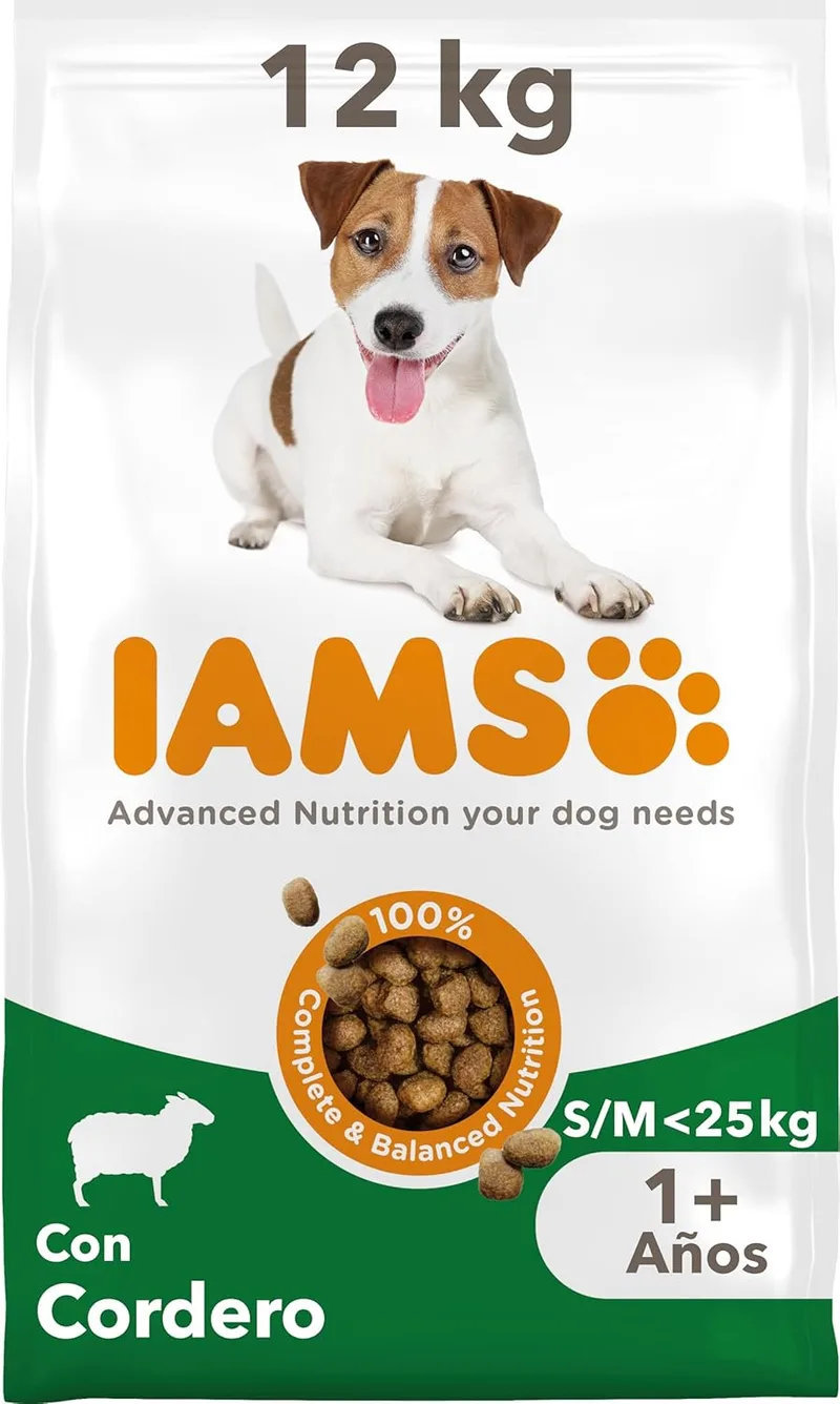 IAMS ▫️ Alimento seco para cães de raça pequena e média com borrego, alimento seco para cães adultos com mais de 1 ano de idade, 12 kg