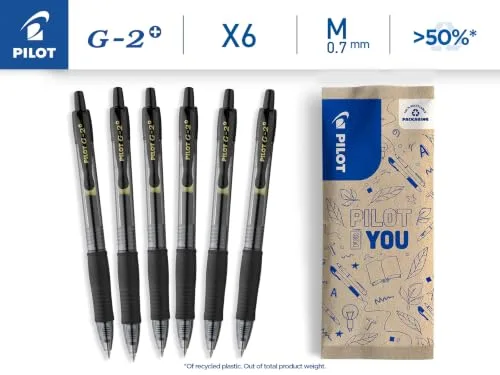 PILOT ▫️ Caixa de 6 G2 Plus - Canetas roller de tinta gel - Retráteis e recarregáveis - Excelente conforto na escrita - Preto - Ponta média 2