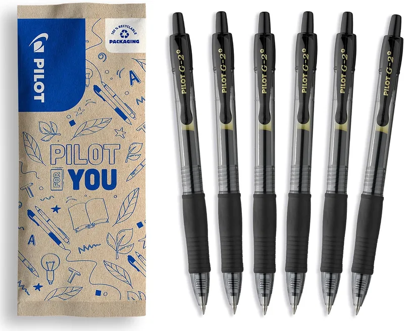 PILOT ▫️ Caixa de 6 G2 Plus - Canetas roller de tinta gel - Retráteis e recarregáveis - Excelente conforto na escrita - Preto - Ponta média