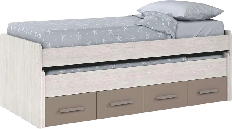 Habitdesign ▫️ Cama de arrumo para jovens, 2 camas e 2 gavetas, Modelo Ares, acabamento nas cores Branco Alpes e Basalto, dimensões: 198 cm (largura) x 69 cm (altura) x 96 cm (profundidade)