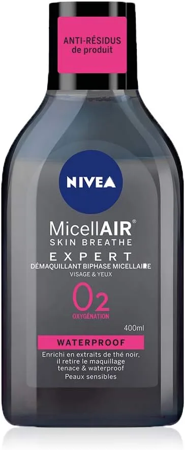 NIVEA ▫️ Água Micelar Resistente à Água - Rosto, Olhos, Lábios - Limpa os poros e remove a maquilhagem - Suave para as pestanas - Micelas, aminoácidos e extratos de chá preto - Vegano - Todos os tipos de pele
