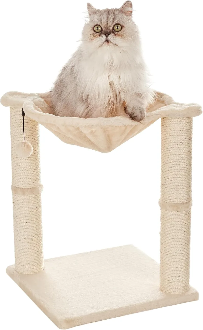 Amazon Basics ▫️ Torre em forma de árvore com cerca, rede, cama e poste para gatos arranharem, 40,6 x 50,8 x 40,6 cm, bege