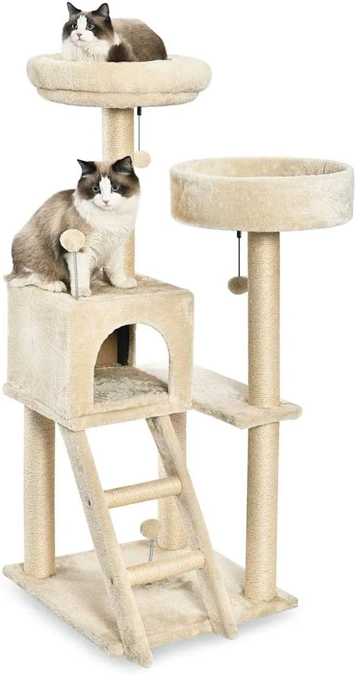 Amazon Basics ▫️ Arranhador para Gatos, Tamanho Grande, com Duas Plataformas e Casinha, 127 cm de Altura, Vários Níveis, Cor Bege