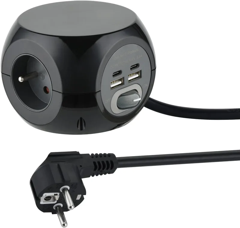 Electraline ▫️ 35441 - Mini-cubo com 4 portas USB 3,4 A (2 tipo A + 2 tipo C), bloco de 3 tomadas com interruptor, extensão múltipla de 3 m