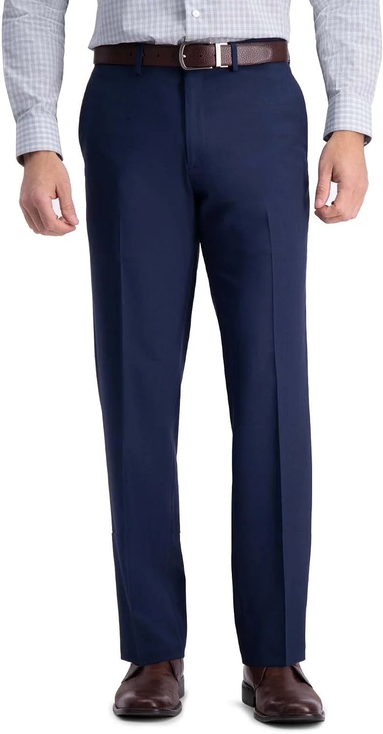 Haggar ▫️ Calças de fato com frente lisa, corte reto e conforto premium - Calças de fato para homem