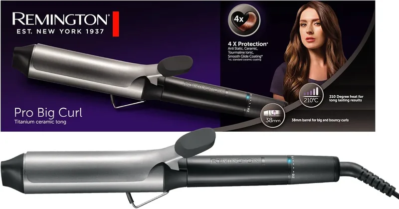 Remington ▫️ Pro Big Curl Hair Curler Pro, modelador de cabelo com pinça de 38 mm, caracóis grandes e ondas suaves, cerâmica com titânio, turmalina, proteção e brilho, 8 temperaturas até 210°C, CI5538