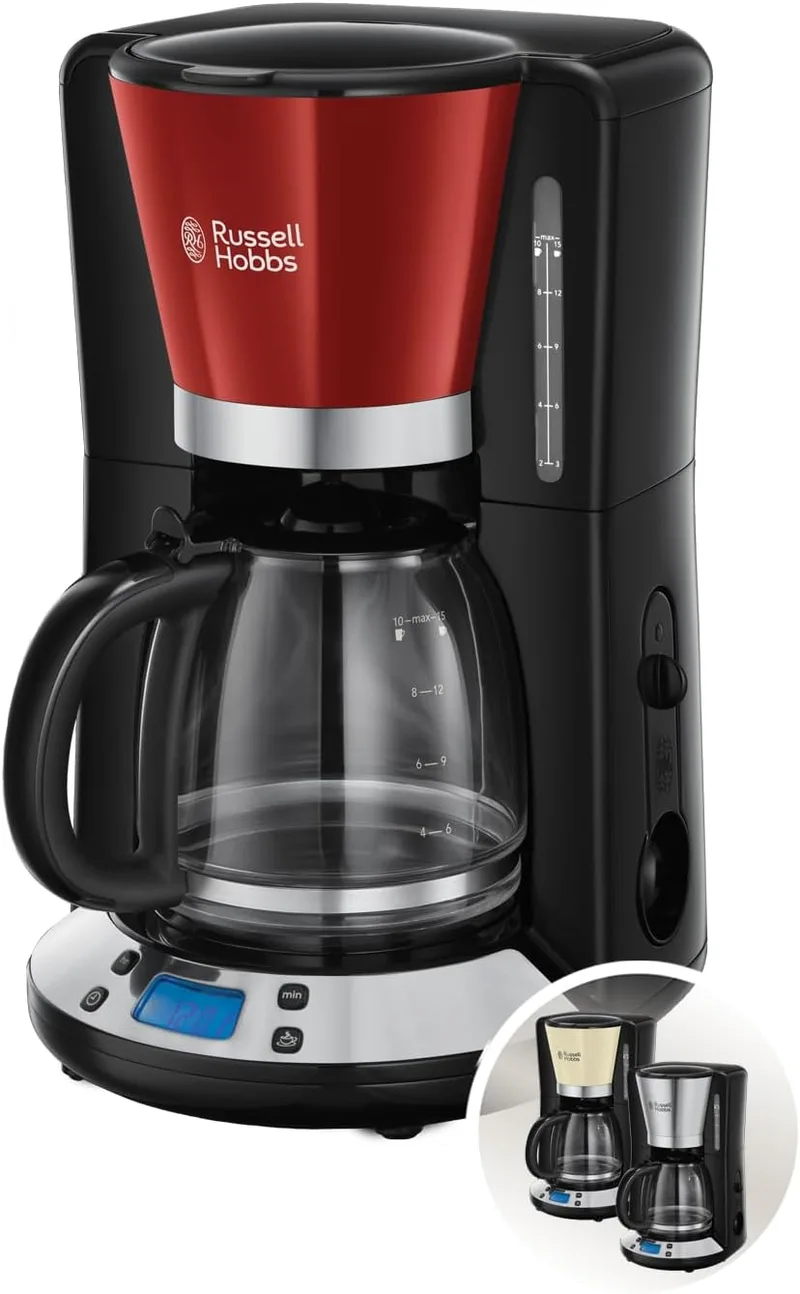 Russell Hobbs ▫️ Cafeteira de gotejamento [15 chávenas, 1100 W] Cores+ Vermelho (jarro de vidro de 1,25 l, tecnologia WhirlTech, visor LCD, temporizador programável, filtro amovível, manter quente) 24031-56