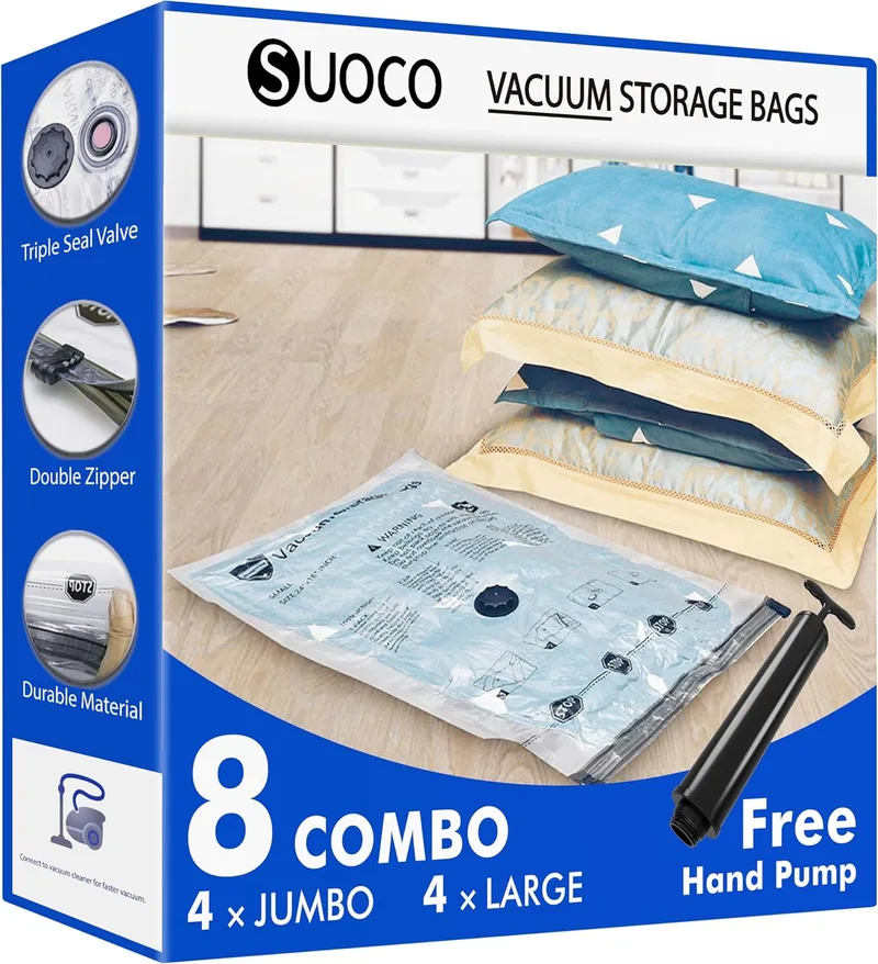 SUOCO ▫️ Sacos de vácuo para roupa com bomba, 4 XL/4 Grandes, sacos de armazenamento a vácuo para roupa de cama, viagens e mudanças