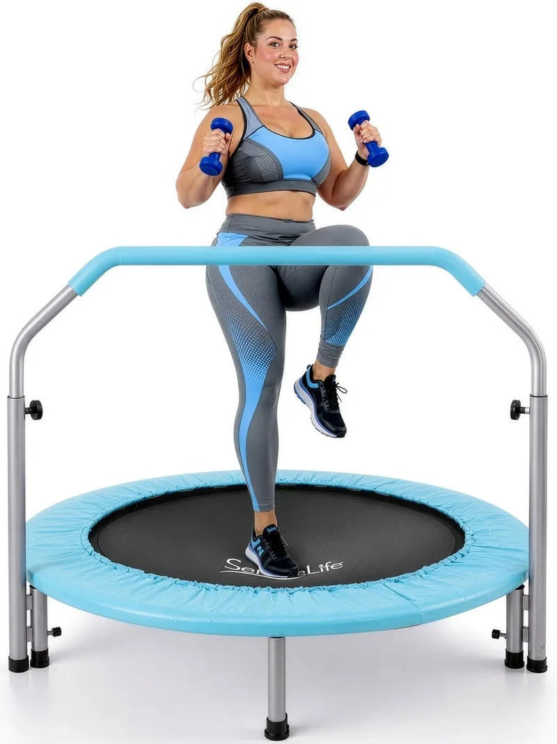 SereneLife ▫️ Trampolim Mini dobrável, cama elástica, fitness, compacto para crianças e adultos, trampolim de exercício, pega em espuma