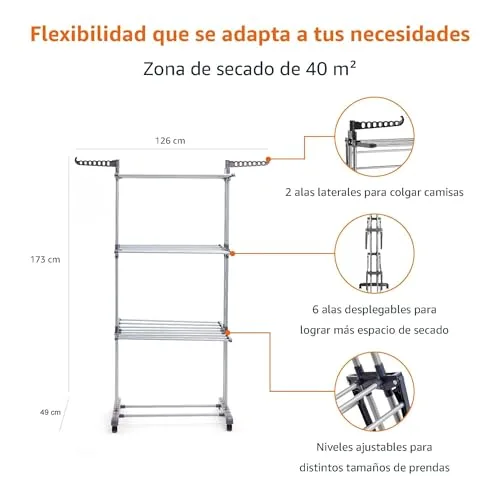 Amazon Basics ▫️ Estendal tipo torre, para interior, com abas dobráveis, Prateado, 4 níveis, 126 x 64 x 173 cm (C x L x A) 3