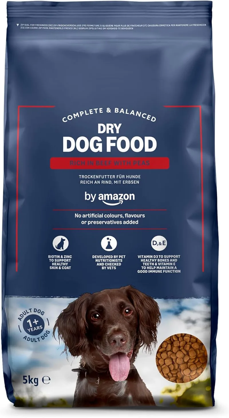 by Amazon ▫️ Alimento seco completo para cães adultos, rico em carne de vaca com ervilhas, 5 kg, Embalagem de 1