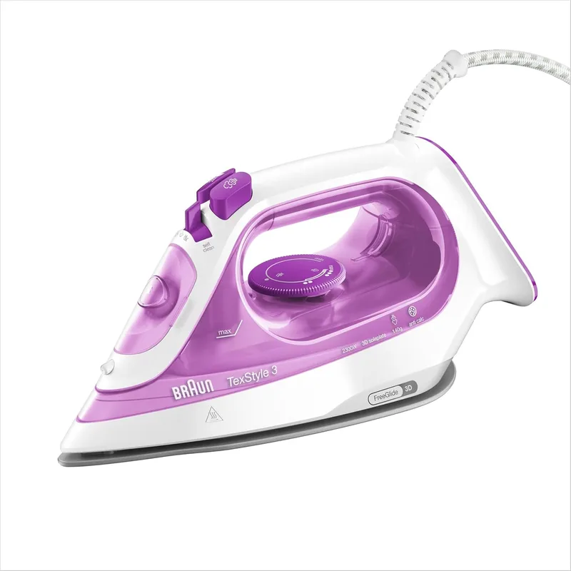 Braun ▫️ Hogar Ferro de engomar a vapor Texstyle, 2300 W, sola bidirecional 3D SuperCeramic, depósito de 270 ml, Framboesa, Violeta, 140 gr/min