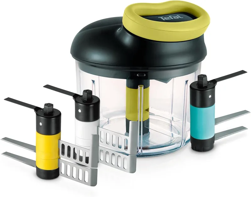 Tefal ▫️ 5 Seconds - Picadora manual 900 ml | 4 cabeças com lâminas de aço inoxidável e lâmina para triturar, sem eletricidade, rápida e segura, legumes, frutos secos, fácil de limpar