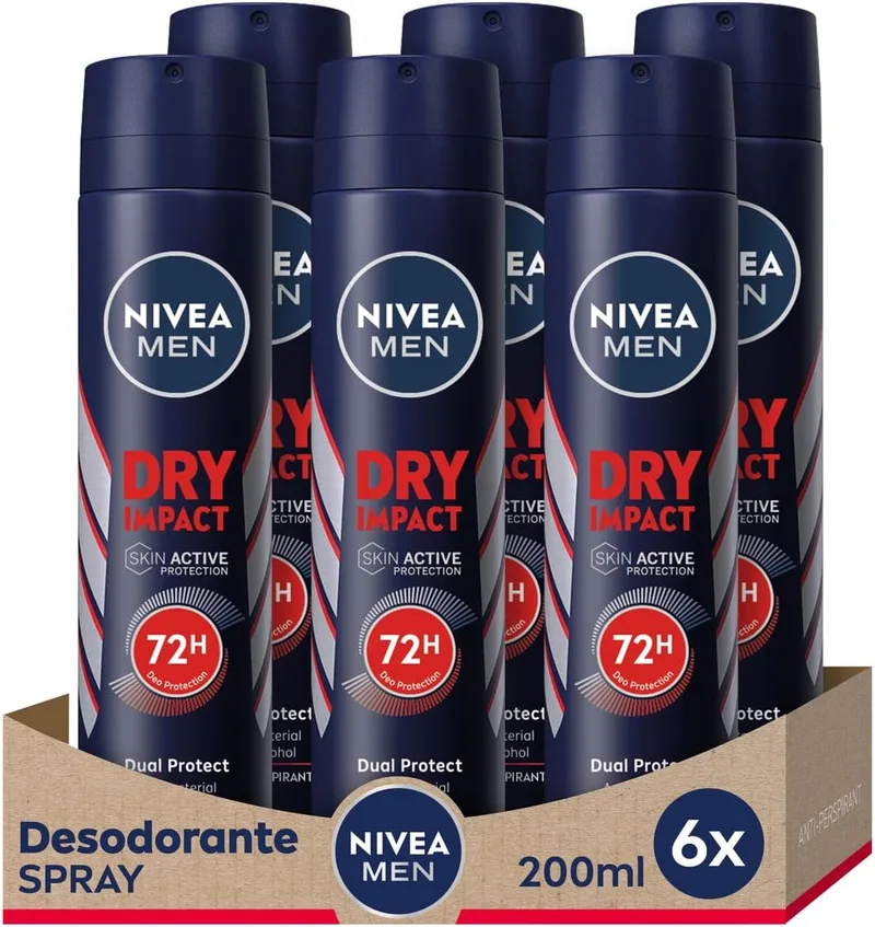 NIVEA MEN ▫️ Dry Impact - Desodorizante em spray antitranspirante para homem - 72h de proteção anti-suor fiável - Sem álcool - Com 2 princípios activos antibacterianos - Todos os tipos de pele - Embalagem de 6 x 200 ml