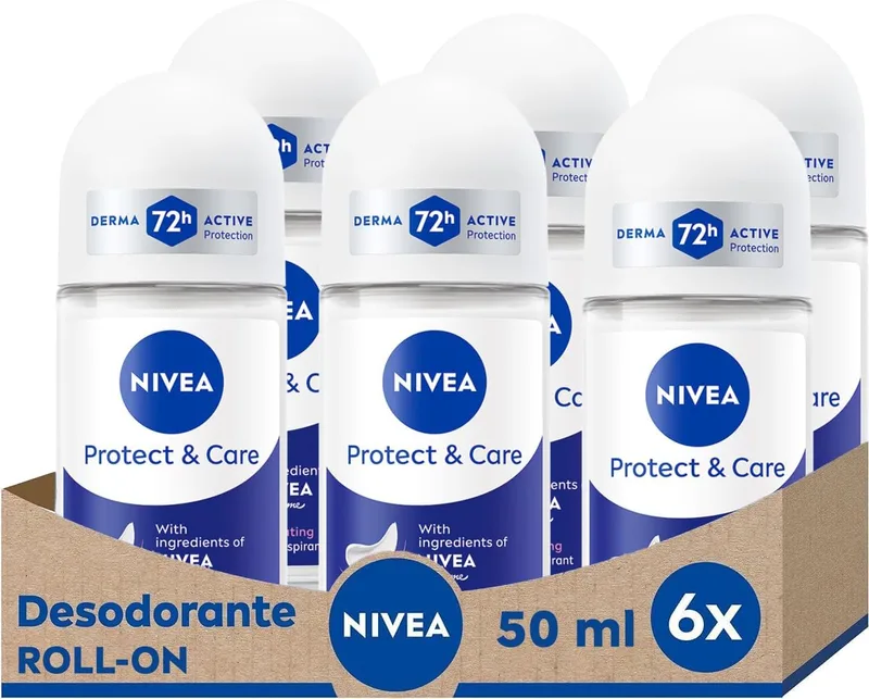 NIVEA ▫️ Protect & Care Roll-on em embalagem de 6 unidades (6 x 50 ml), desodorizante antitranspirante com o aroma Creme, desodorizante roll-on com 0% de álcool
