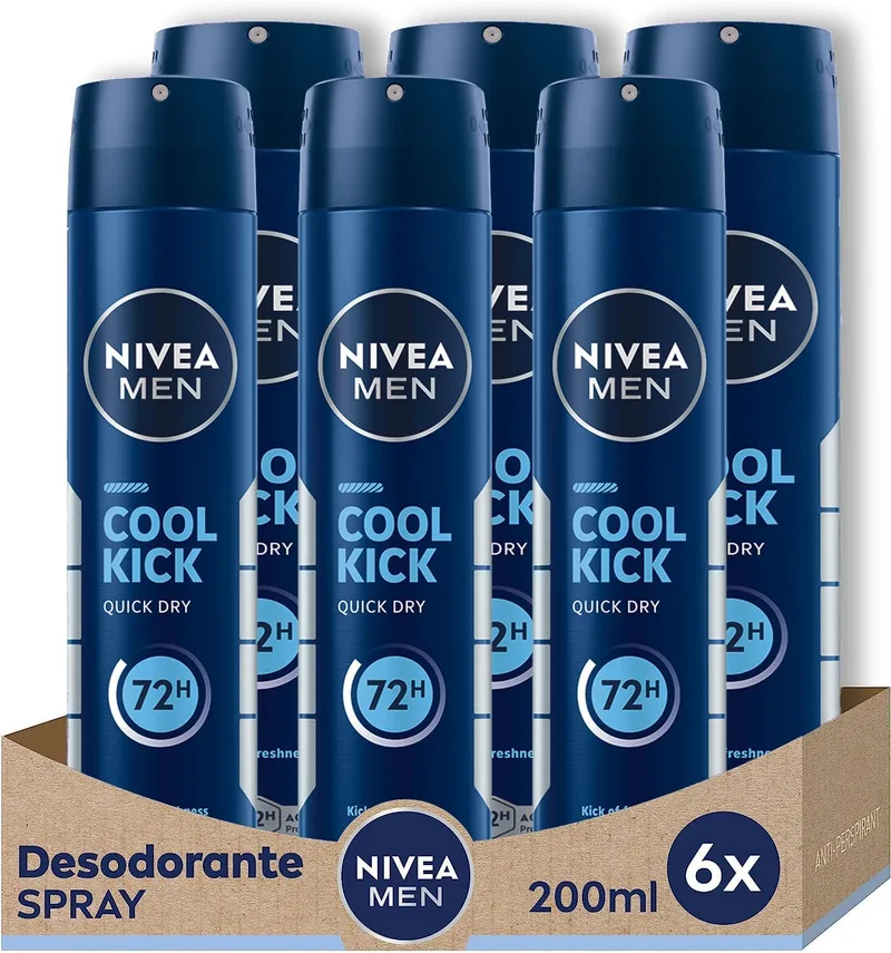 NIVEA MEN ▫️ Cool Kick Spray em embalagem de 6 (6 x 200 ml), desodorizante para homem com um toque de frescura, desodorizante antitranspirante para o cuidado masculino