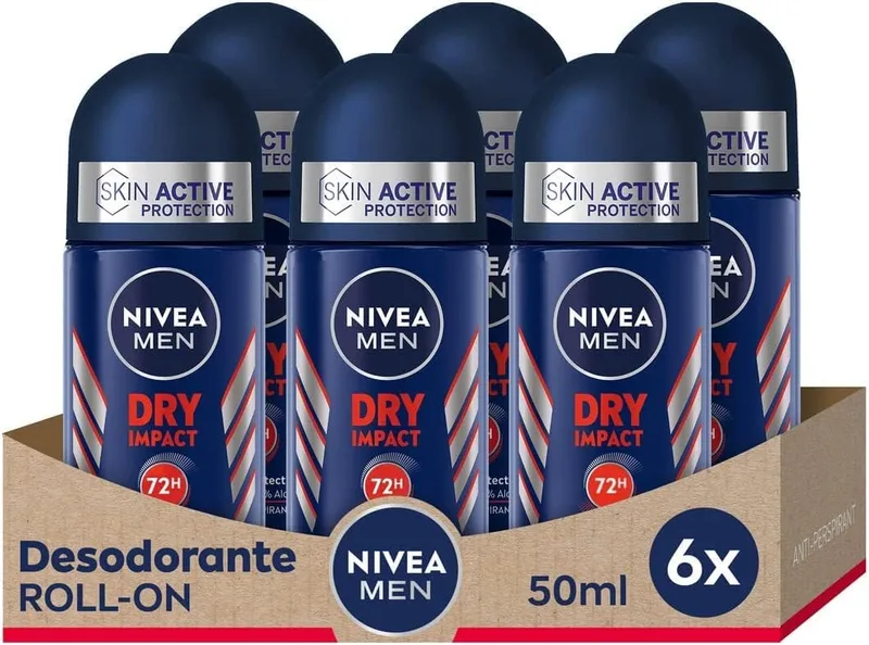 NIVEA ▫️ MEN Dry Impact - Desodorizante antitranspirante para homem em roll-on - 72 horas de proteção fiável contra o suor - Sem álcool - Com 2 ingredientes ativos antibacterianos - Para todos os tipos de pele - Embalagem de 6 x 50 ml
