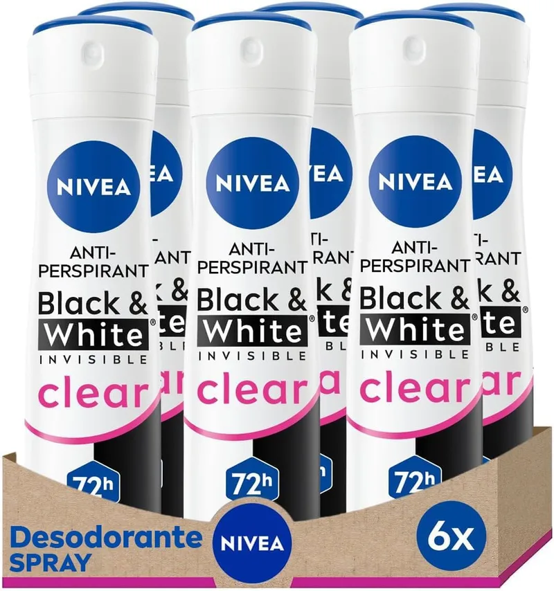 NIVEA ▫️ Black & White Invisible Clear - Desodorizante em spray para mulher, anti-manchas - 72 horas de proteção antitranspirante - Sem álcool - Contra o suor, o odor, as manchas, a irritação e os resíduos - Embalagem de 6 x 200 ml