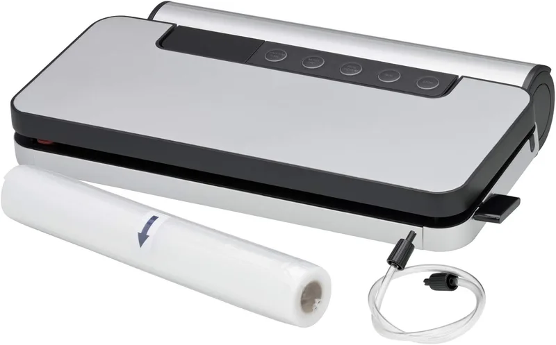 WMF ▫️ Lono - Máquina de embalar a vácuo, cortador de película integrado, resistente a rasgos e de sabor neutro, base em aço inoxidável Cromargan 18/10, 5 botões de função iluminados
