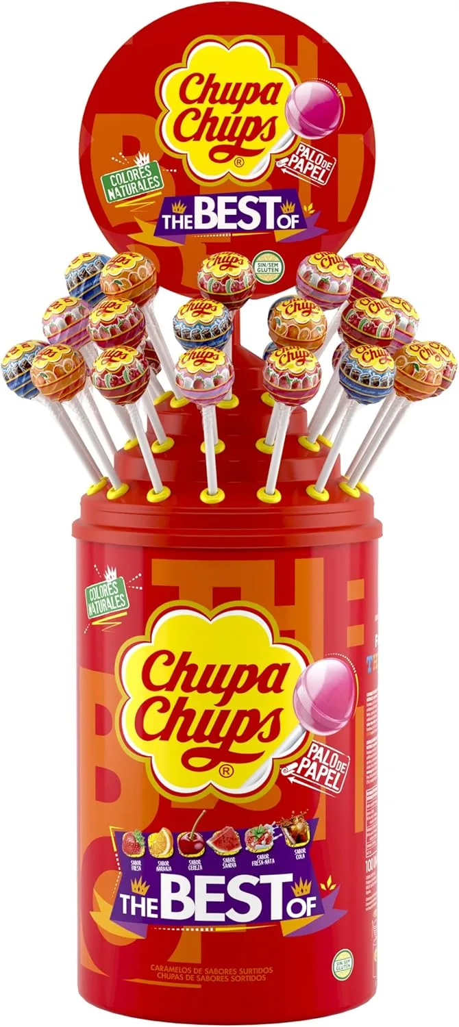 Chupa Chups ▫️ Original, Caramelo com Sabores Sortidos em Stick, Tubo de Ícones Embalagem de 100 unidades de 12 gr. (Total 1.200 gr.), com açúcar
