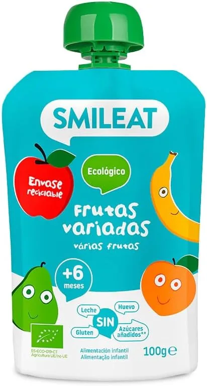 Smileat ▫️ Saquetas de Fruta Biológica - Sem Sal, Sem Açúcar Adicionado, Sem Glúten - Lanche Prático para Crianças - Sabores Variados de Fruta
